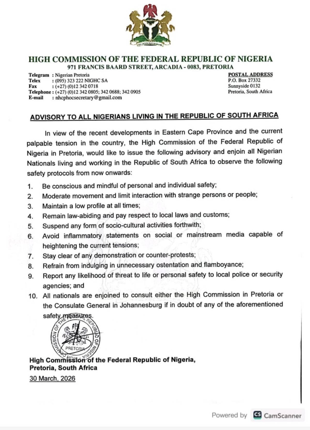 Nigerian 🇳🇬 high commission issues ADVISORY TO ALL NIGERIANS 🇳🇬LIVING IN THE REPUBLIC OF SOUTH AFRIC...