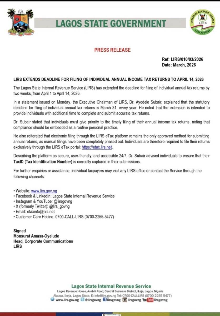 Lagos state Internal Revenue Service (LIRS ) extends deadline for filing annual tax returns to April...
