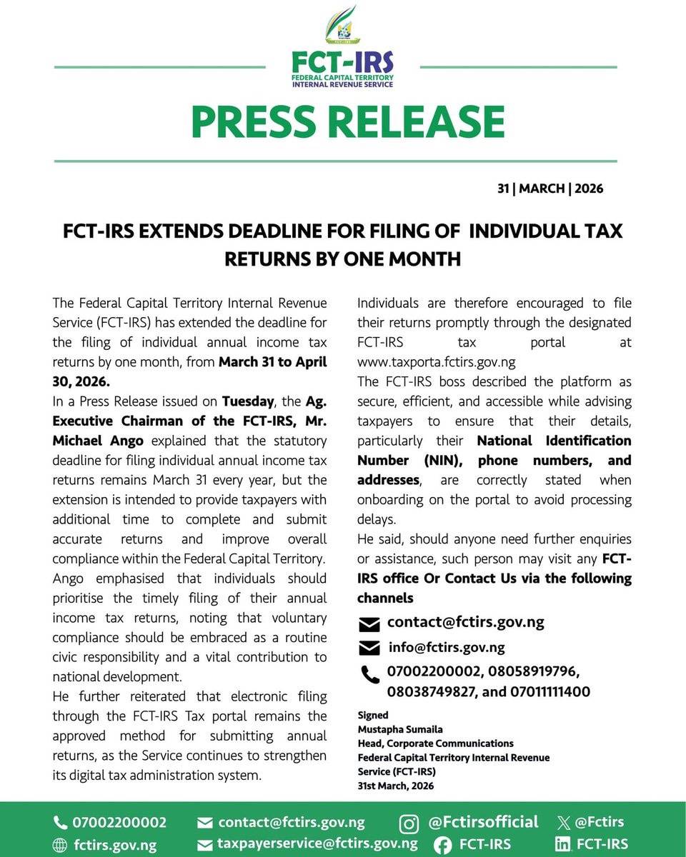 FCT-IRS extends the deadline for filing annual tax returns to April 30, 2026