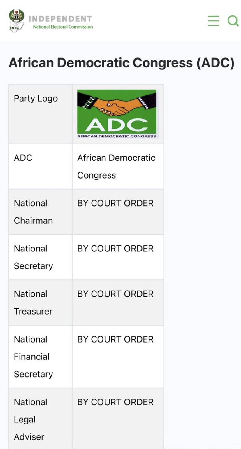 INEC has officially updated its website and removed all ADC David Mark-led NWC.