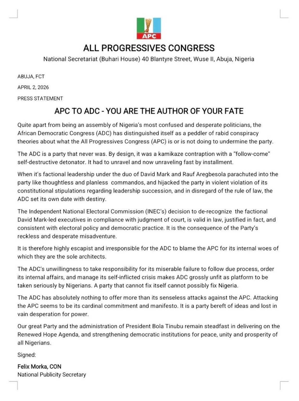 “YOU ARE THE AUTHOR OF YOUR FATE”

~ APC send a message to ADC