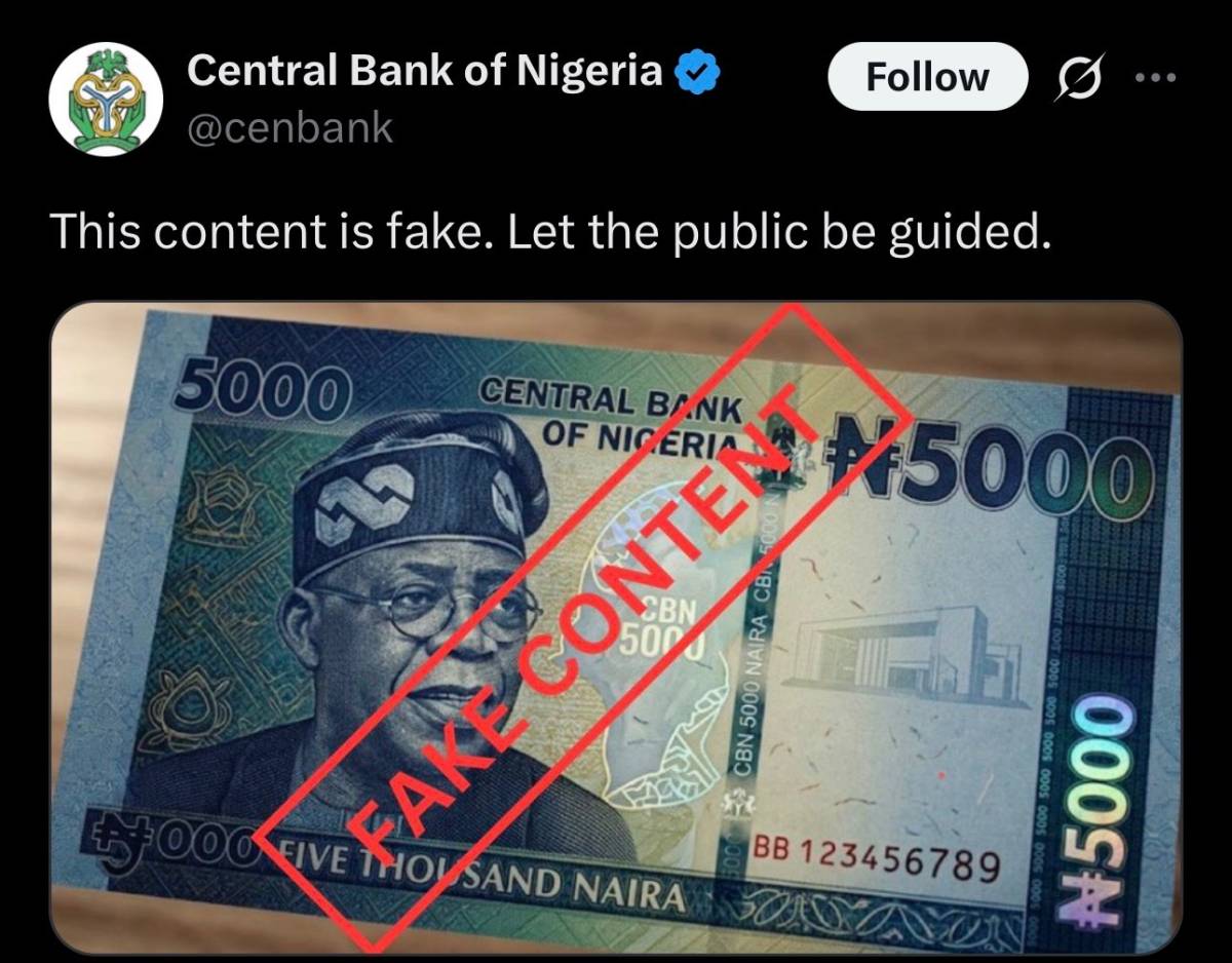 CBN says 5000 naira note with face of President Tinubu circulating the internet is fake