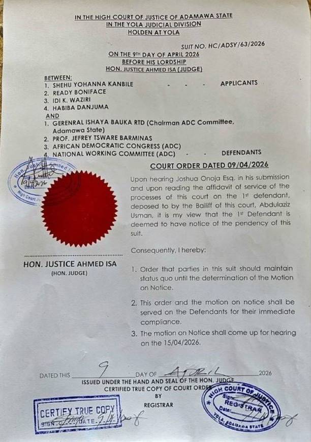 Court orders suspension of Adamawa State ADC congresses scheduled to commence today, following a sui...