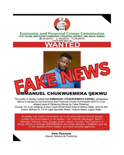 Comedian Sabinus not on wanted list.

~ EFCC disowns viral poster