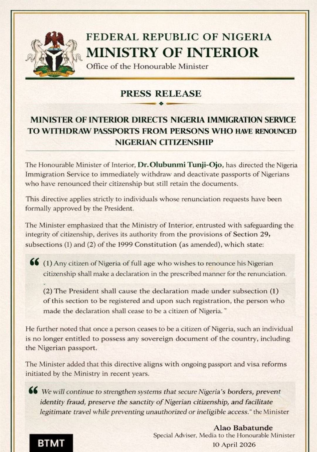 Federal Government to withdraw passports from citizens who have formally renounced their Nigerian ci...