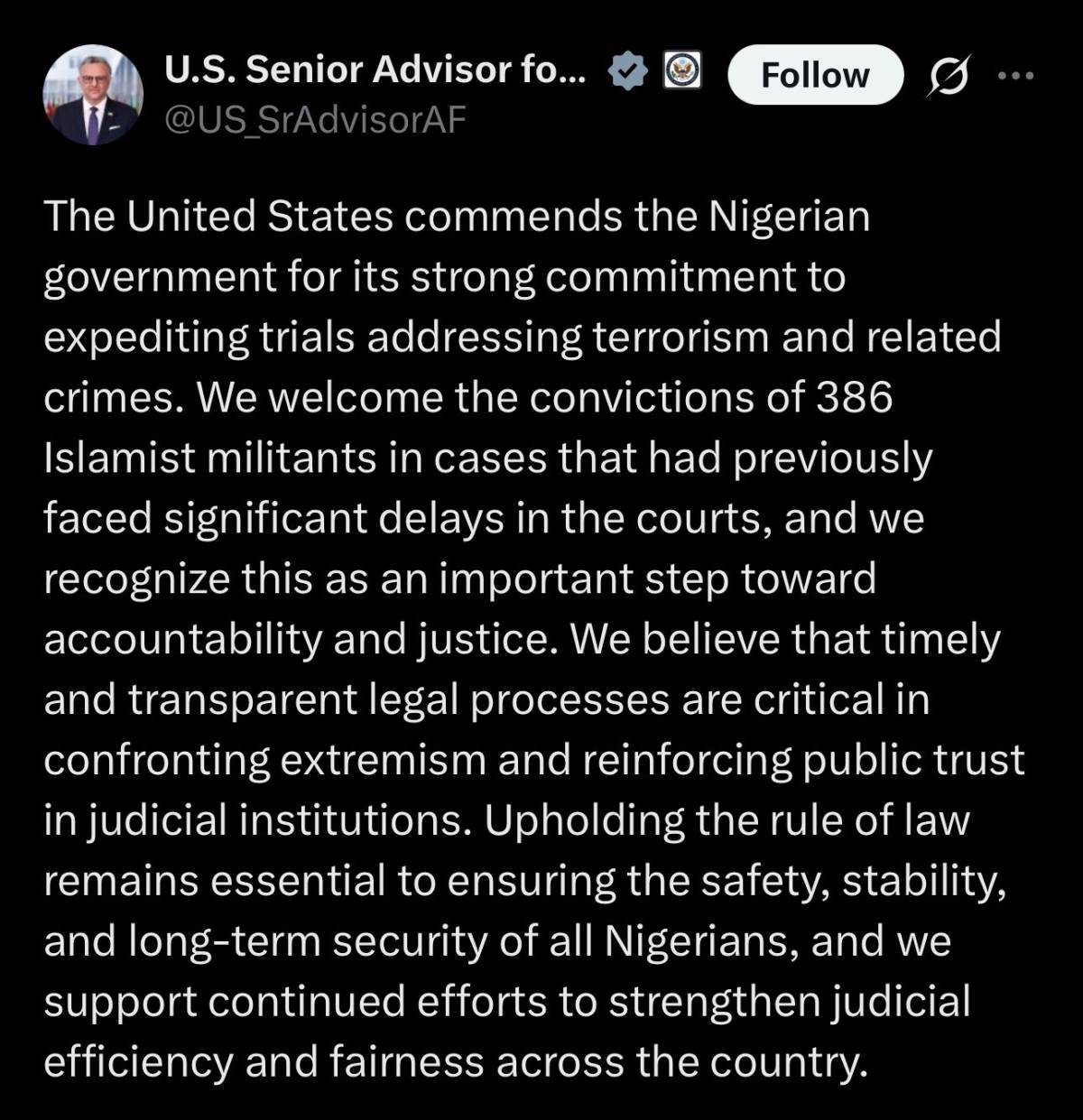 USA 🇺🇸 commends  Nigeria 🇳🇬 as the Federal High Court in Abuja secured 386 convictions out of 508 t€...