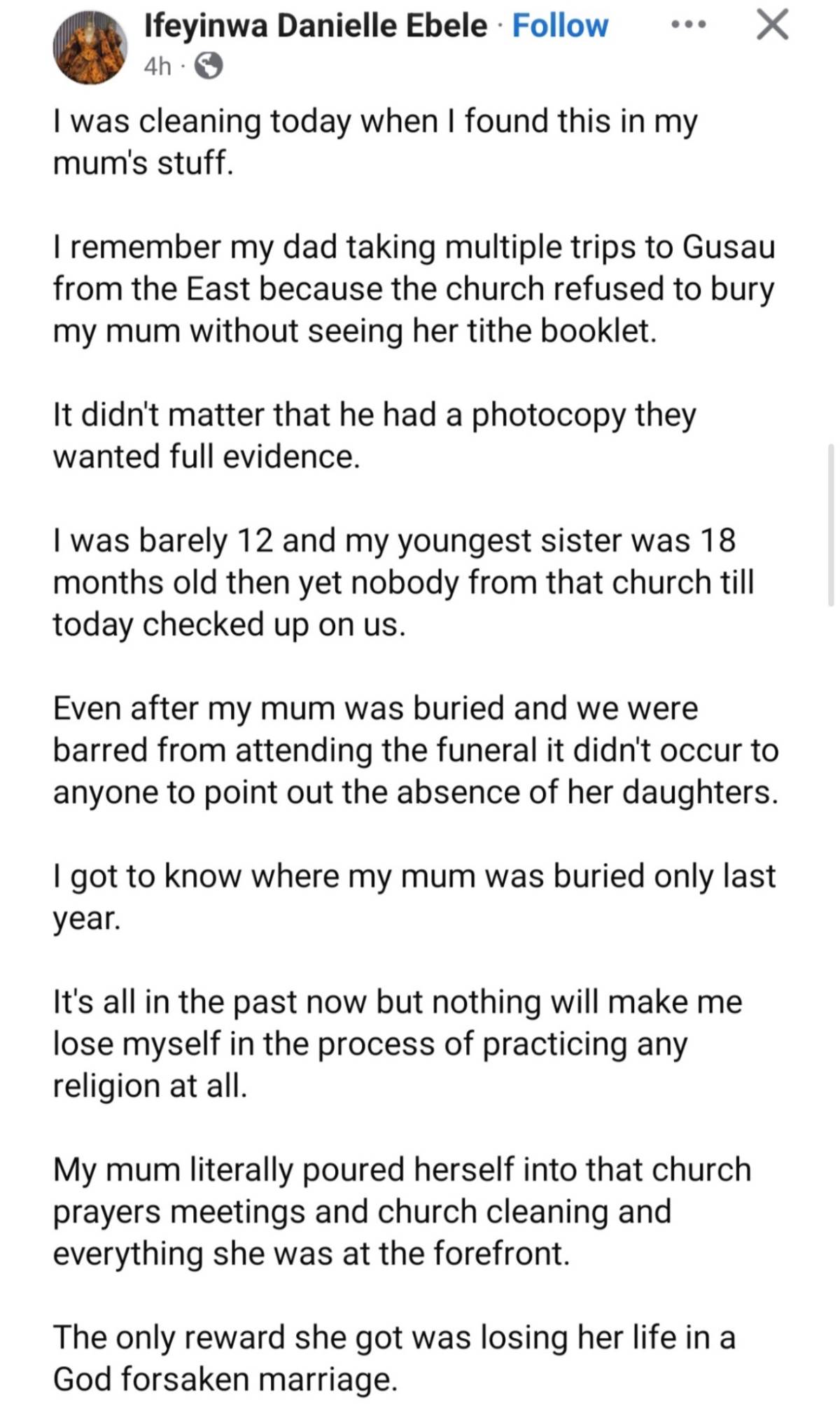 Ladies cries out after church refused to officiate her mother’s funeral without seeing the original...