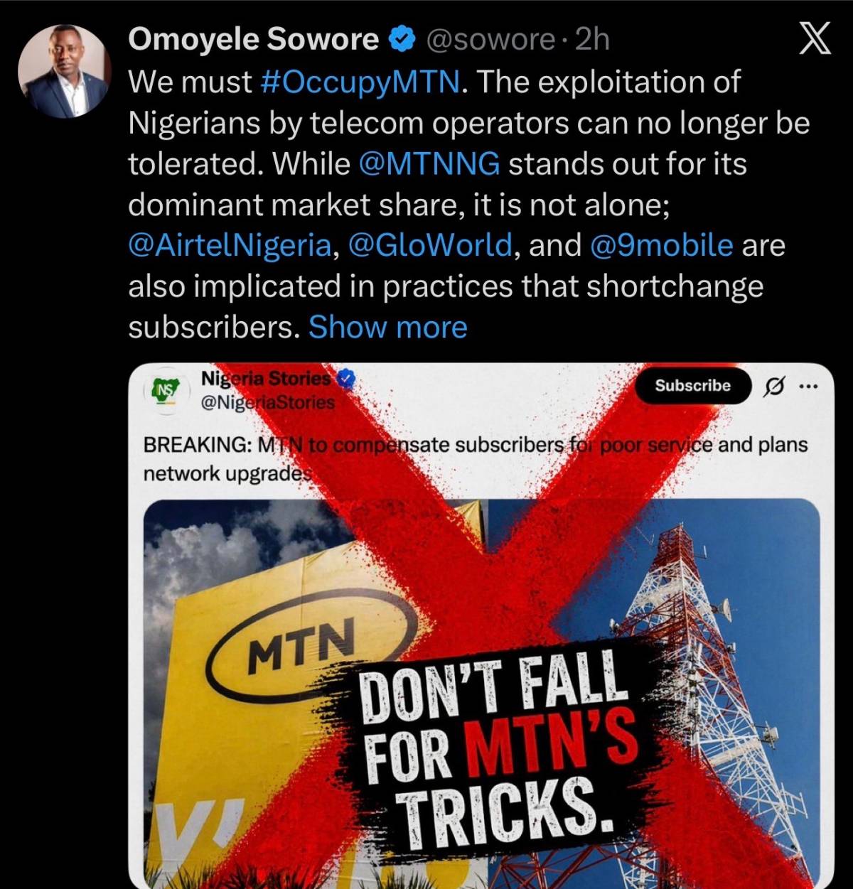 Sowore calls for Nigerians to occupy MTN and other networks provides like Airtel, Glo and 9mobile ov...