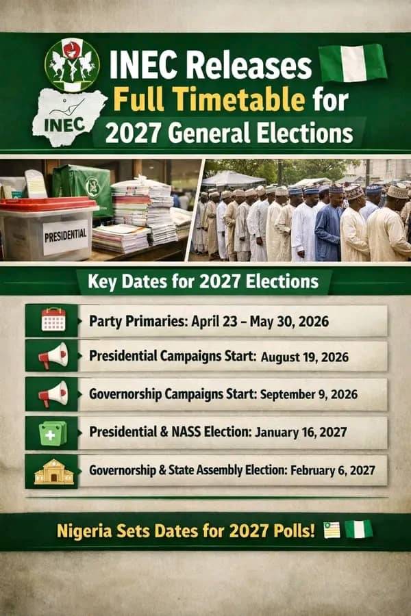 INEC RELEASE 2027 ELECTIONS TIMES TABLE AND PARTY PRIMARIES