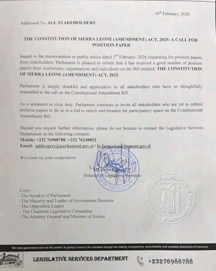 BREAKING: Parliament Invites Position Papers on Constitutional Amendment Bill
The Parliament of Sie...