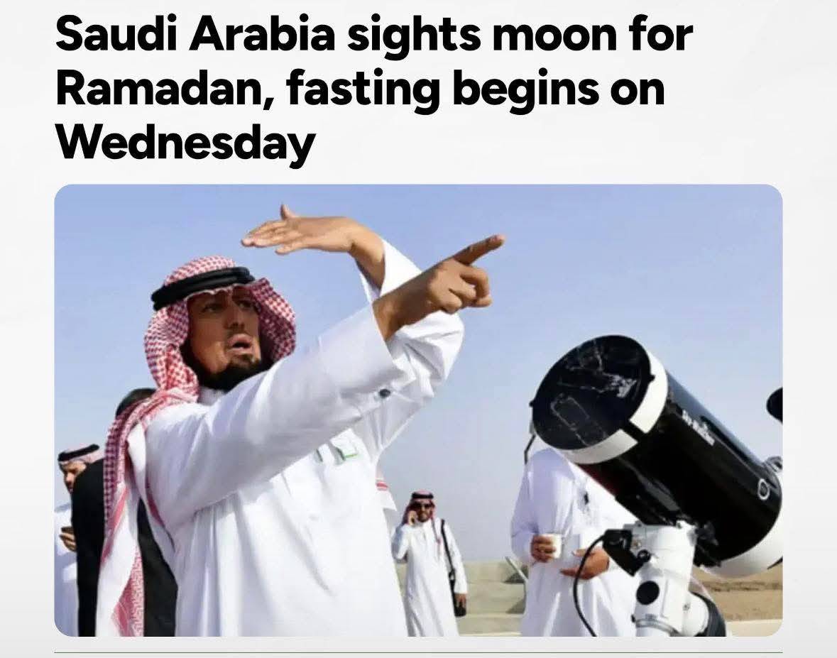 Breaking: Fasting starts on Wednesday in Saudi Arabia, which has a moon for Ramadan.
Kareem Ramadan...
