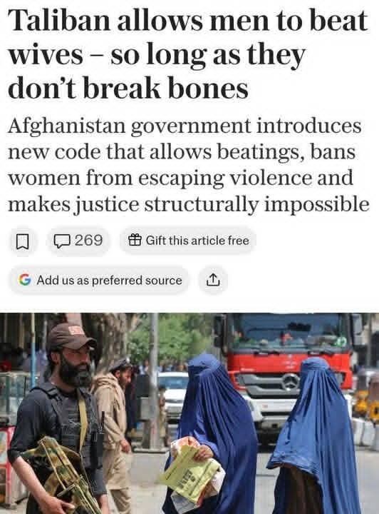 Taliban in Afghanistan ๐ฆ๐ซ introduce a new law that allows men to beat their wives but don't break bo...