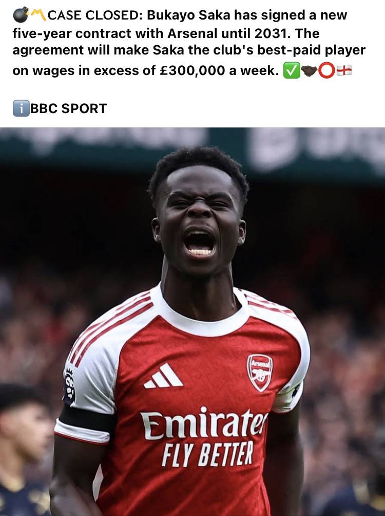 ๐ฃใฝ๏ธ๐๐๐ฆ๐ ๐๐๐ข๐ฆ๐๐: Bukayo Saka has signed a new five-year contract with Arsenal until 2031. The agree...