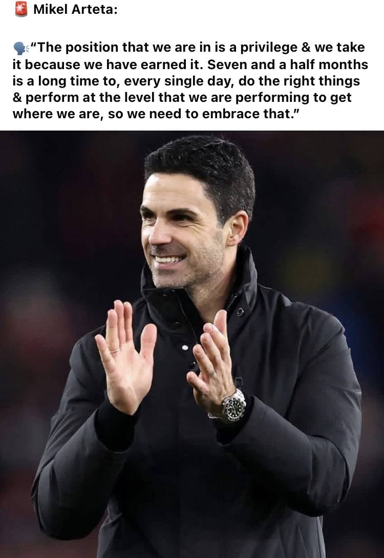 🚨 Mikel Arteta:
🗣️“The position that we are in is a privilege & we take it because we have earned...