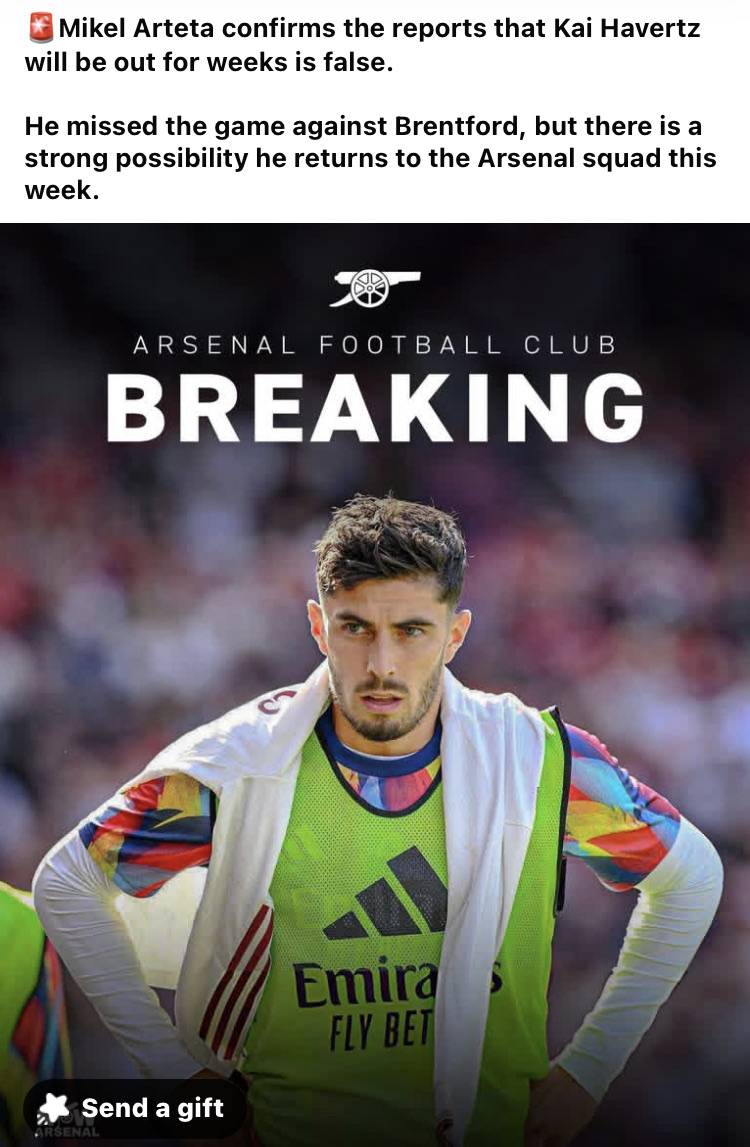 🚨Mikel Arteta confirms the reports that Kai Havertz will be out for weeks is false.
He missed the...