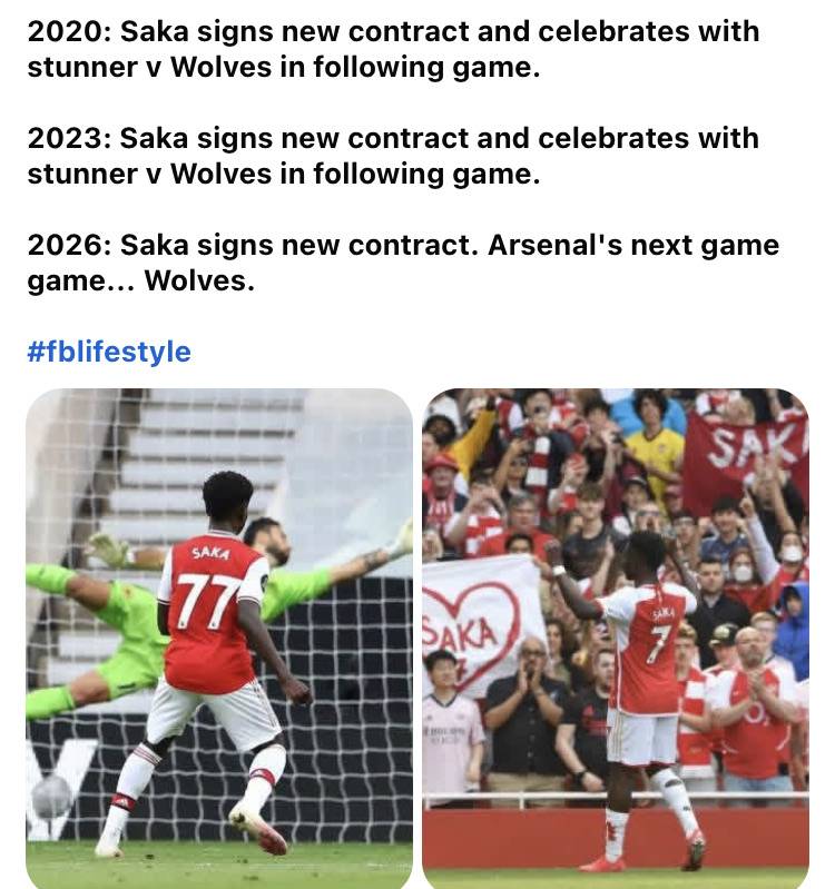 2020: Saka signs new contract and celebrates with stunner v Wolves in following game.
2023: Saka si...