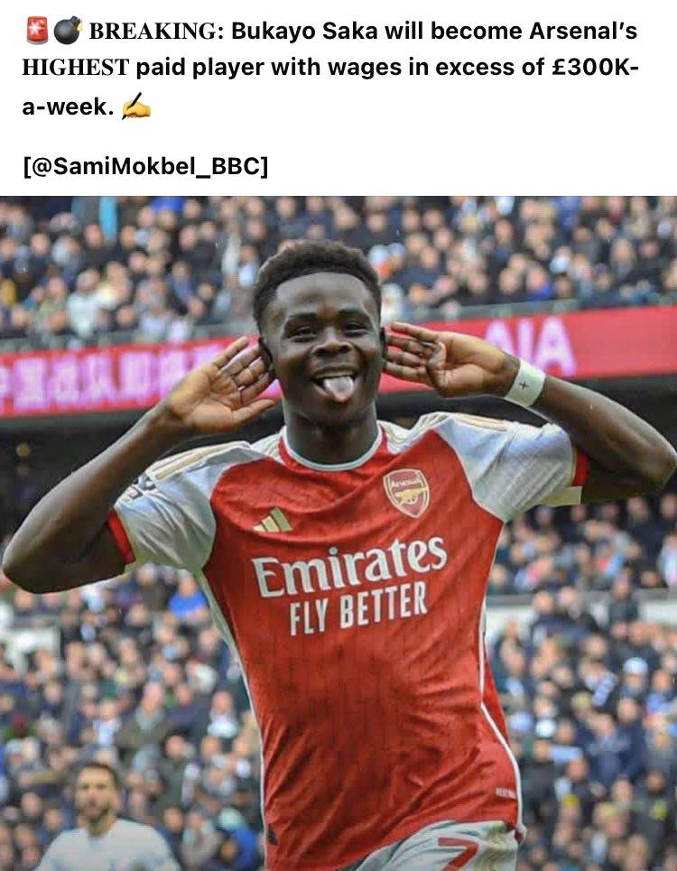 π¨π£ ππππππππ: Bukayo Saka will become Arsenalβs πππππππ paid player with wages in excess of Β£300K-a...