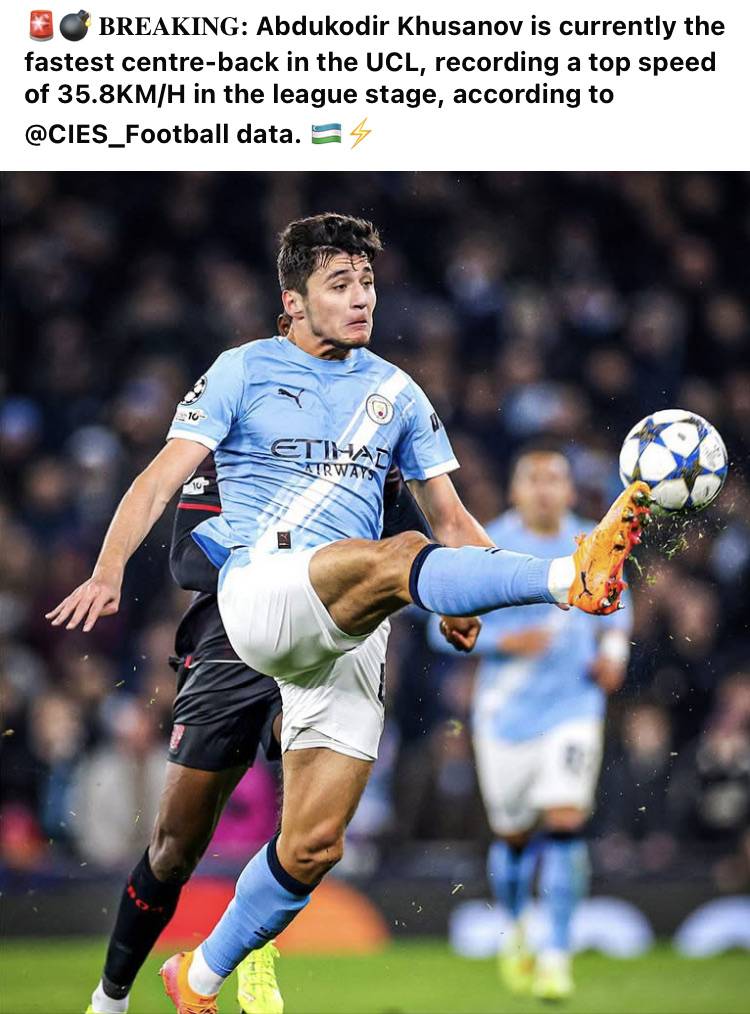 π¨π£ ππππππππ: Abdukodir Khusanov is currently the fastest centre-back in the UCL, recording a top s...