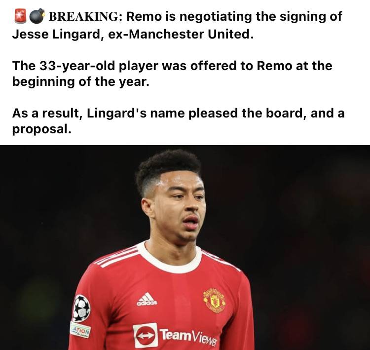 ๐จ๐ฃ ๐๐๐๐๐๐๐๐: Remo is negotiating the signing of Jesse Lingard, ex-Manchester United.
The 33-year-...