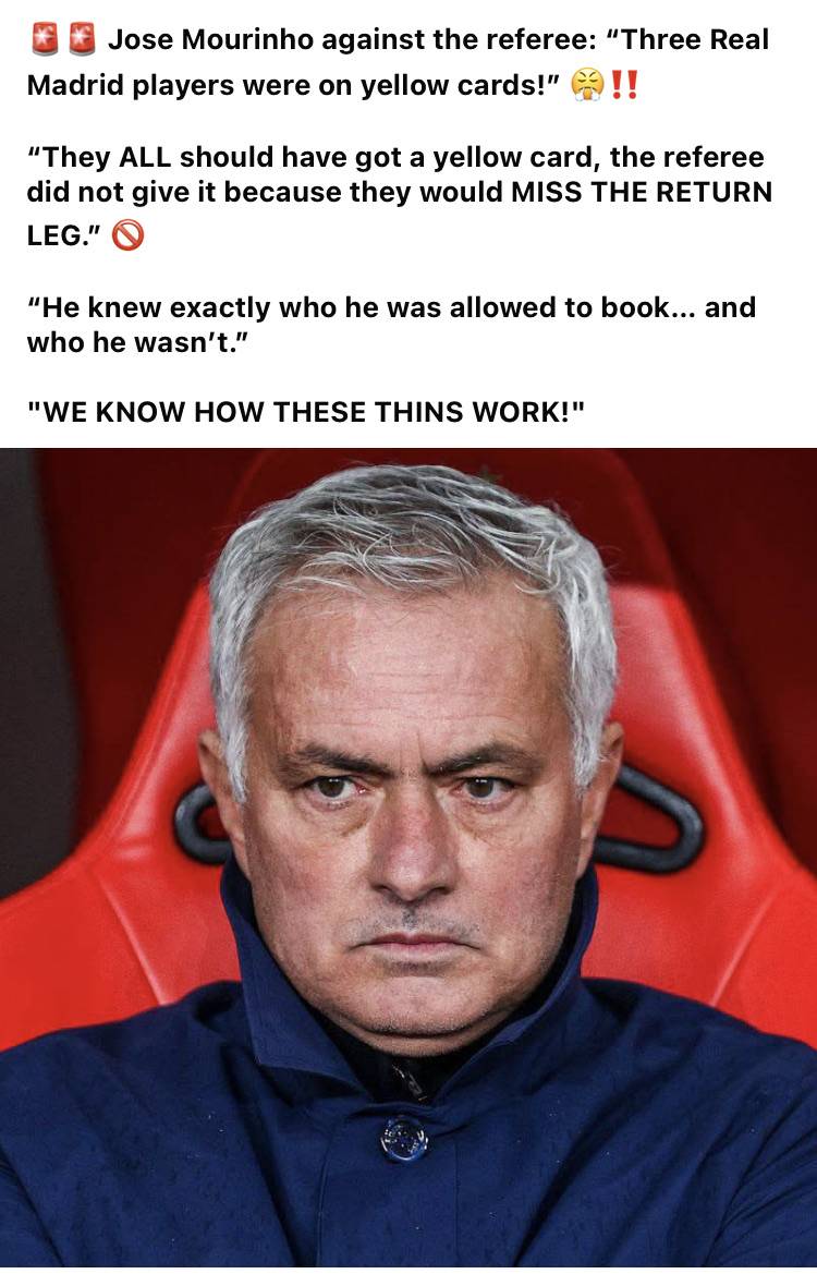 🚨🚨 Jose Mourinho against the referee: “Three Real Madrid players were on yellow cards!” 😤‼️
“The...