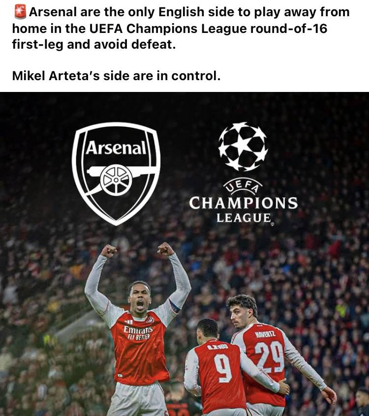 🚨Arsenal are the only English side to play away from home in the UEFA Champions League round-of-16...