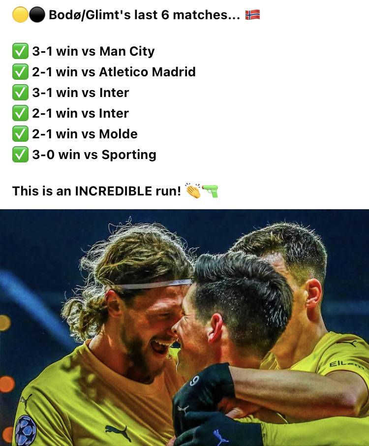 π‘β«οΈ BodΓΈ/Glimt's last 6 matches... π³π΄
β
3-1 win vs Man City
β
2-1 win vs Atletico Madrid
β
3-1...