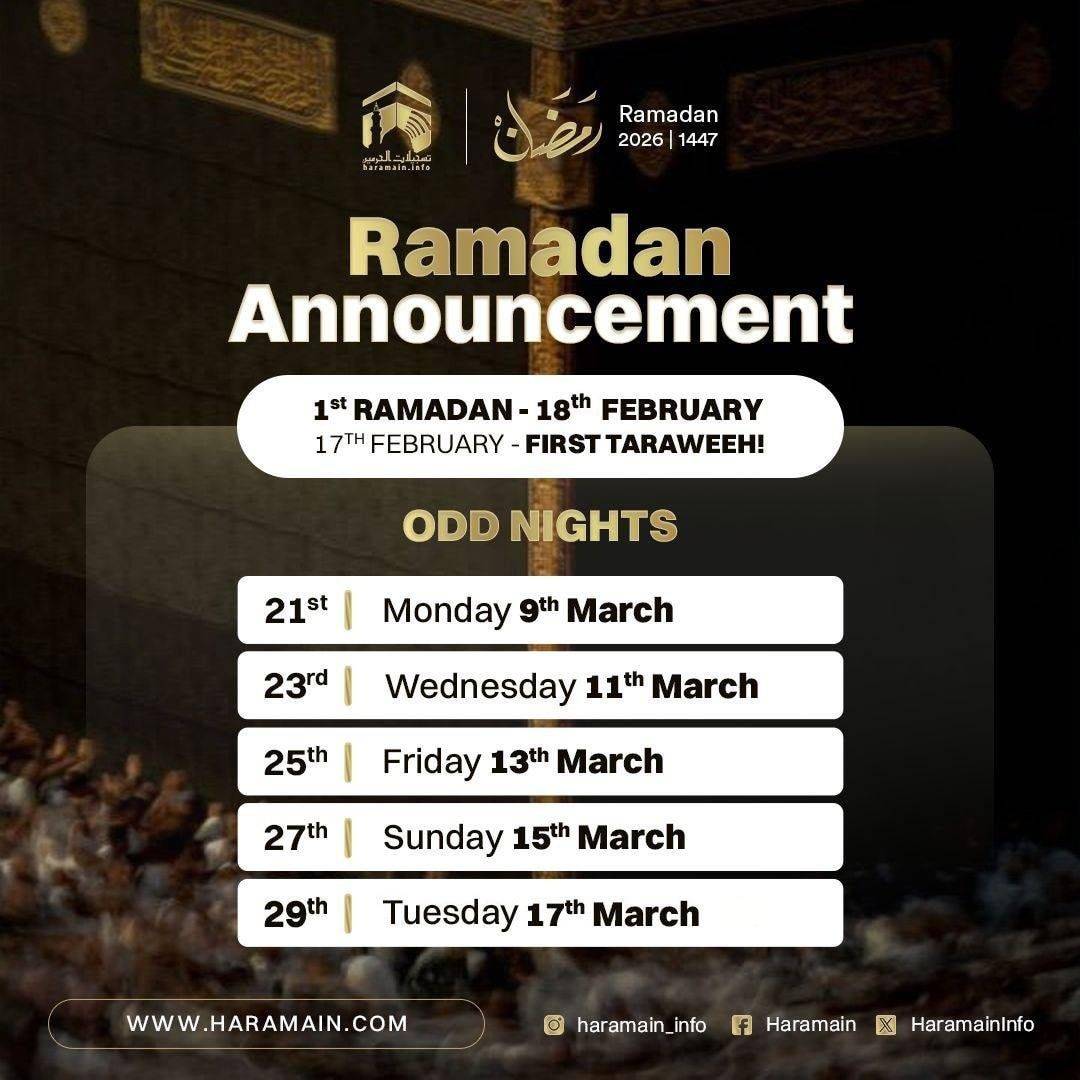 BREAKING NEWS | The crescent moon has been sighted in Saudi Arabia.
Therefore, Ramadhān 1447 will be...