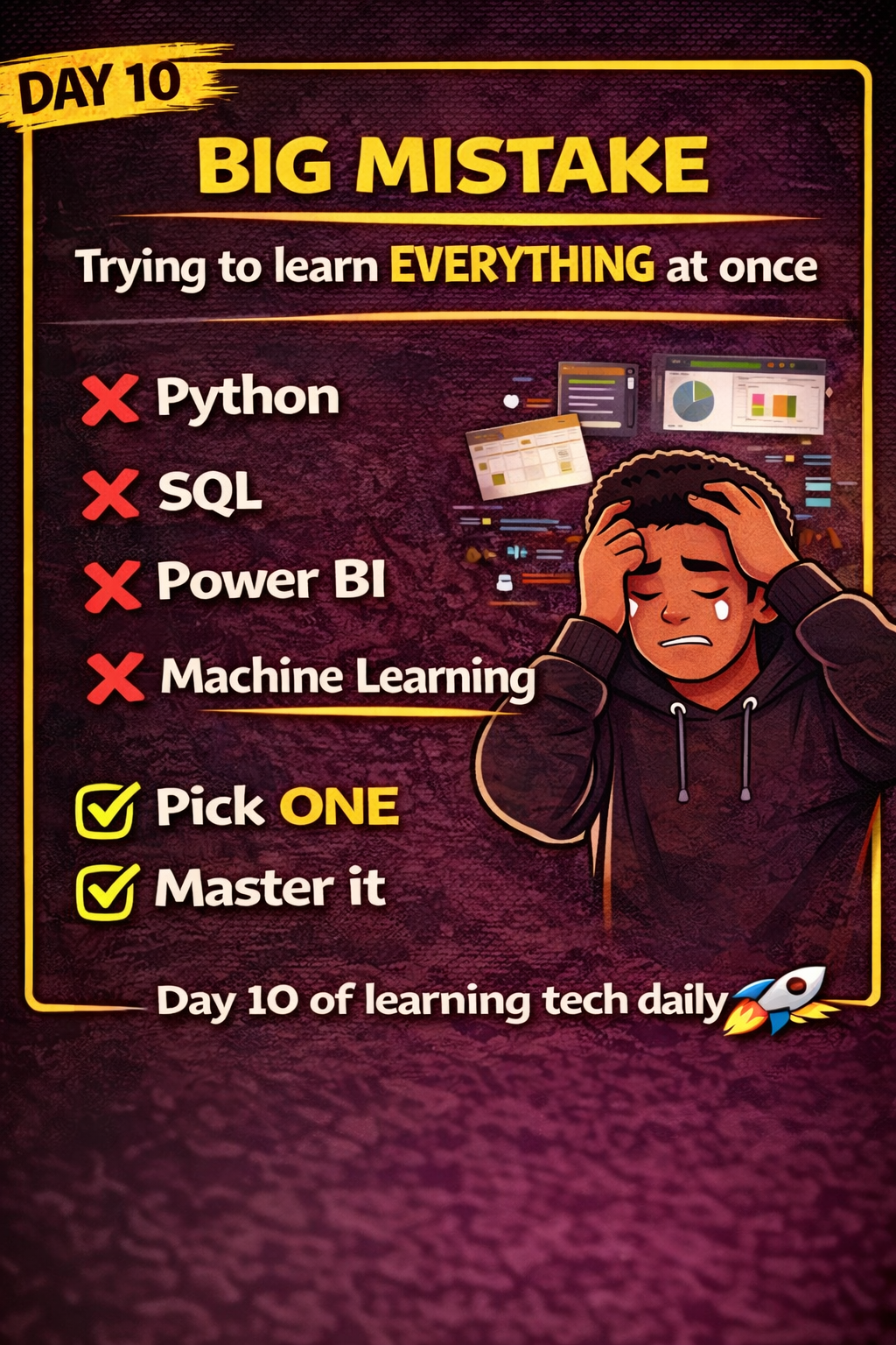 Big mistake beginners make:
Trying to learn everything at once.
Python
SQL
Power BI
Machine Learni...