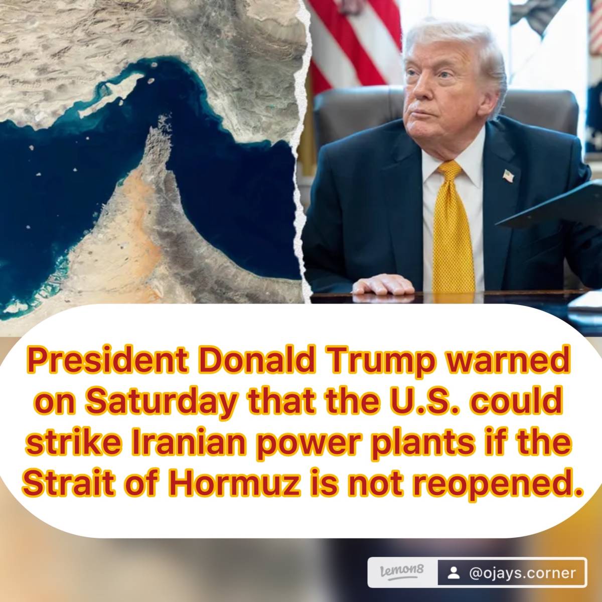 President Donald Trump warned on Saturday that the U.S. could strike Iranian power plants if the Str...