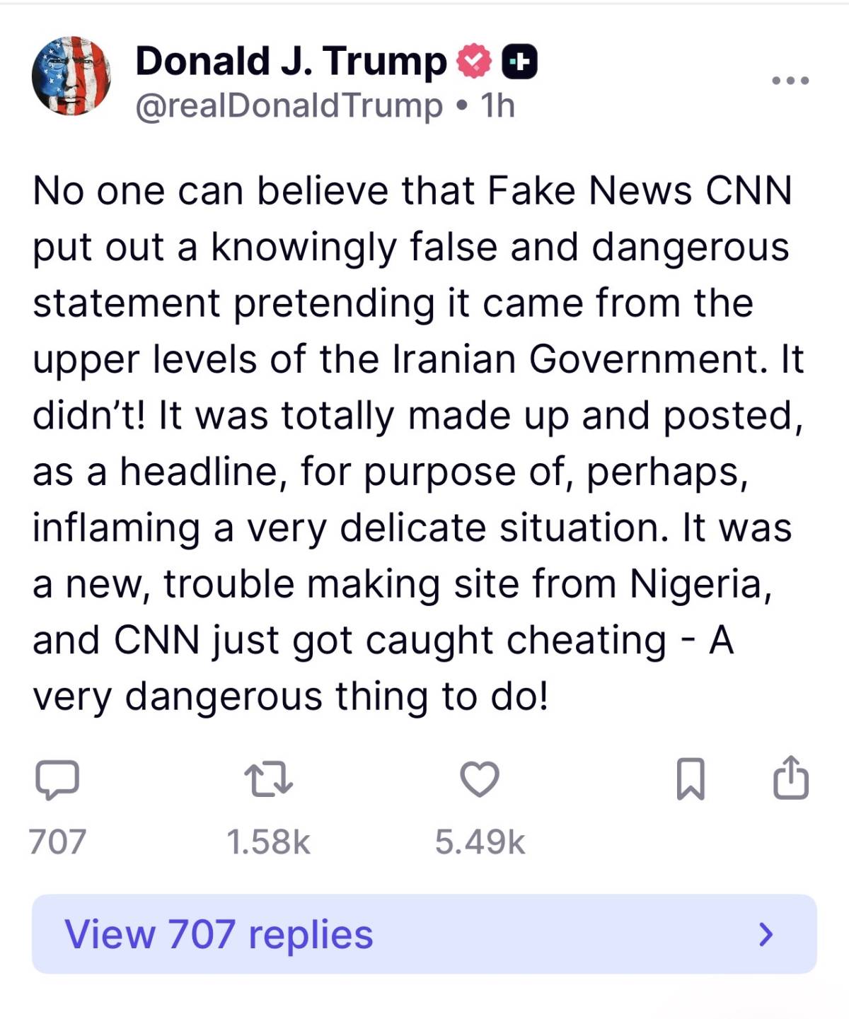 Trump accuses CNN of publishing a knowingly false headline/statement that it attributed to “upper le...