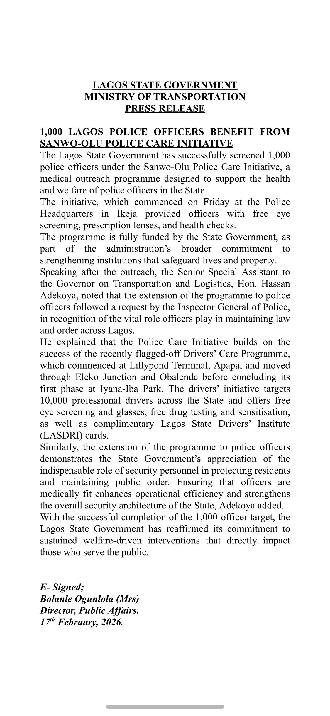 1,000 Police Officers have benefited from the Sanwo-Olu’s Police Care initiative held on 13th and 16...