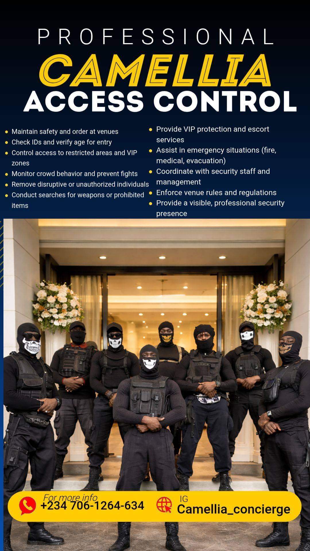 We take care of event Access control "bouncers" and manage excellent concierge (ushering) service wi...