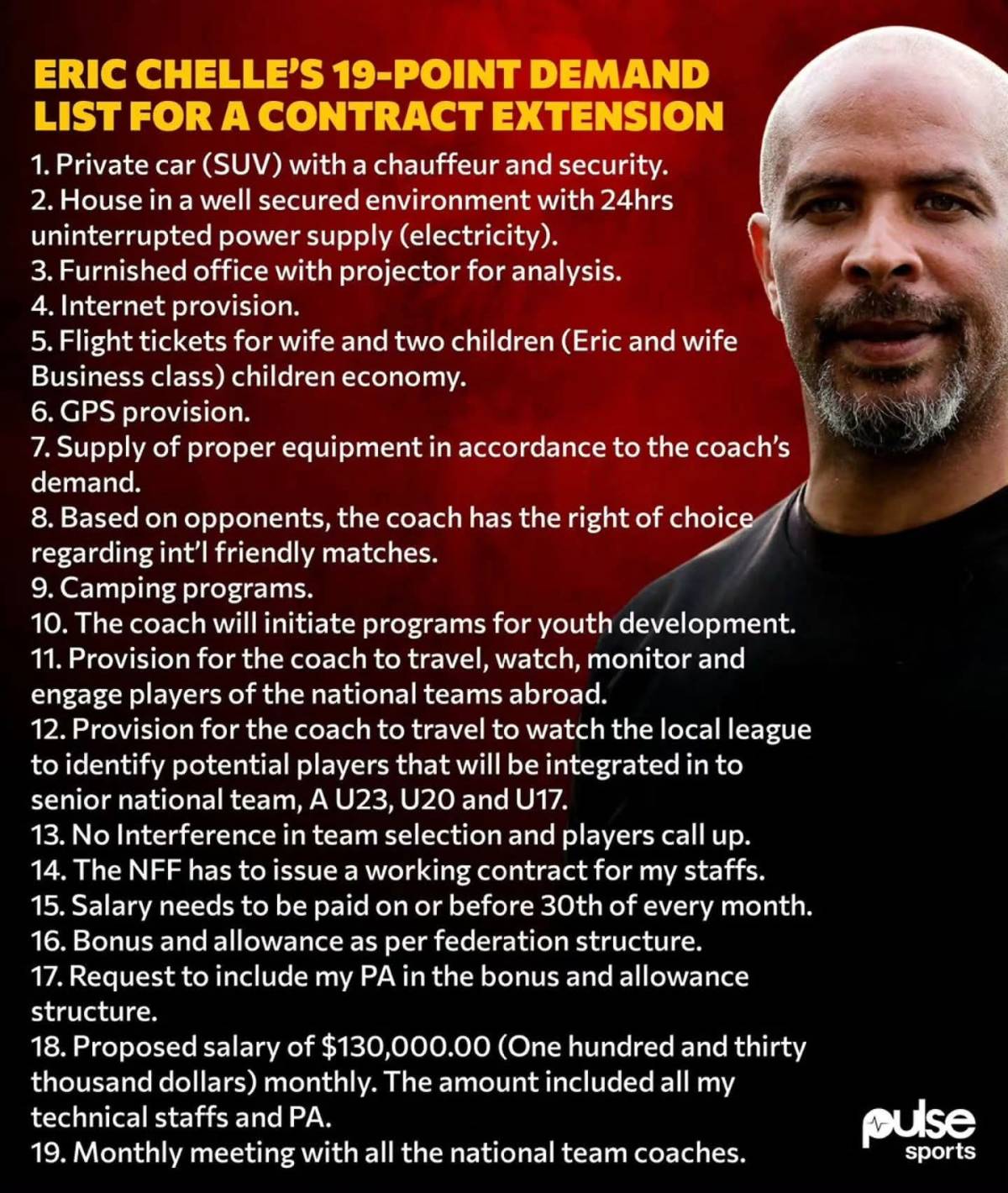 Eric Chelle submits 19 CONDITIONS for extension of contract with the Super Eagles ๐