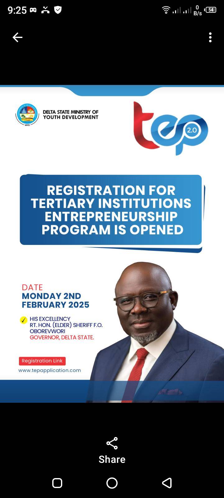 DELTA STATE GOVERNMENT OPENS REGISTRATION FOR TERTIARY INSTITUTIONS ENTREPRENEURSHIP PROGRAMME (TEP)...