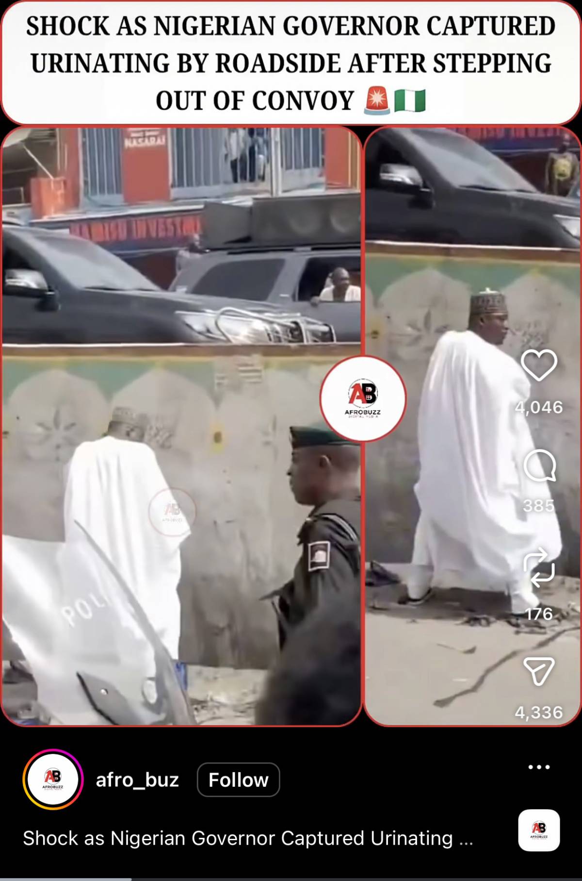 A Nigerian politician caught peeing along the road in broad daylight with police escort and multiple...