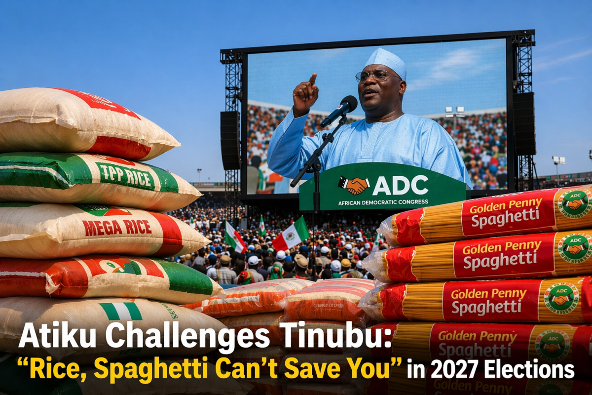 Atiku Challenges Tinubu: “Rice, Spaghetti Can’t Save You” in 2027 Elections https://naira.blog/atiku...