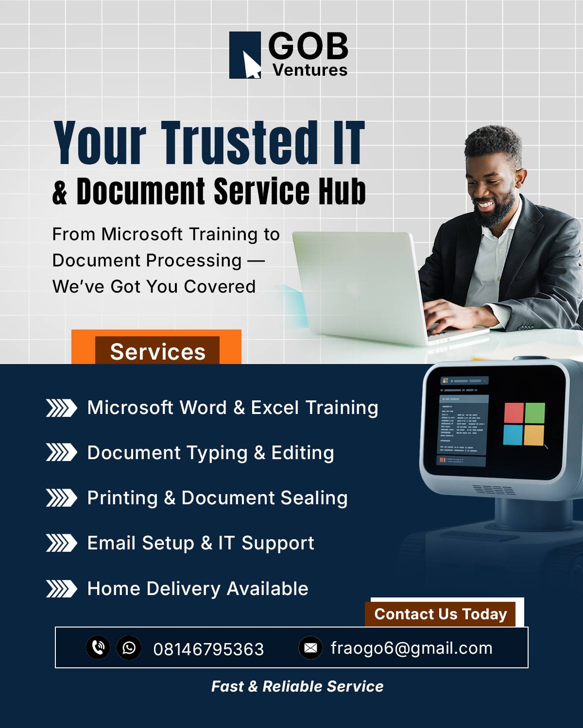 GOB VENTURES offers professional training in Microsoft applications such as Excel and Word, covering...