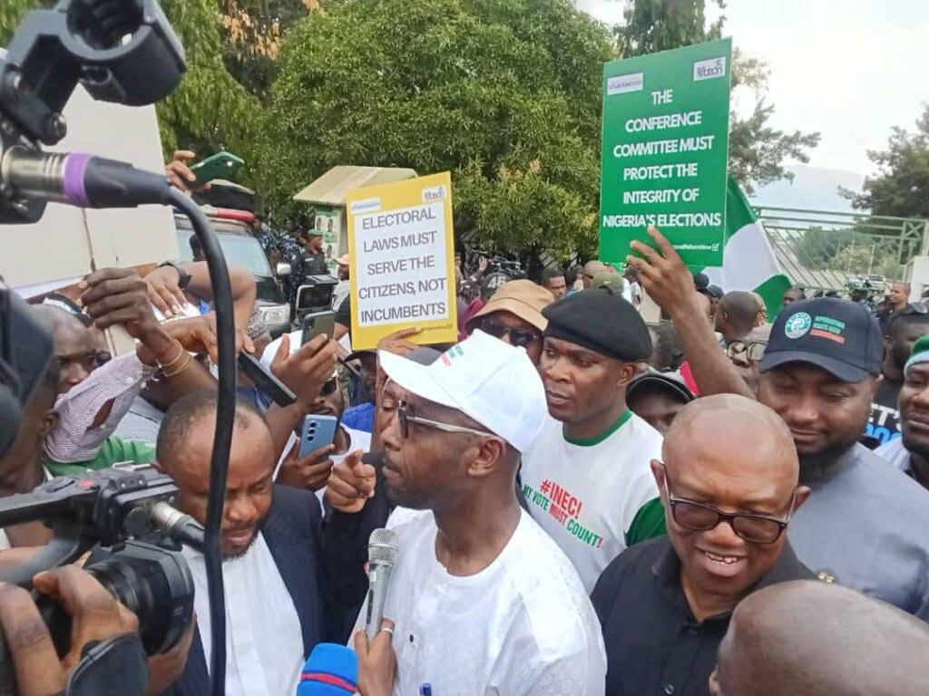 Peter Obi joined the protest at the National Assembly over the Electoral Act, calling for real-time...