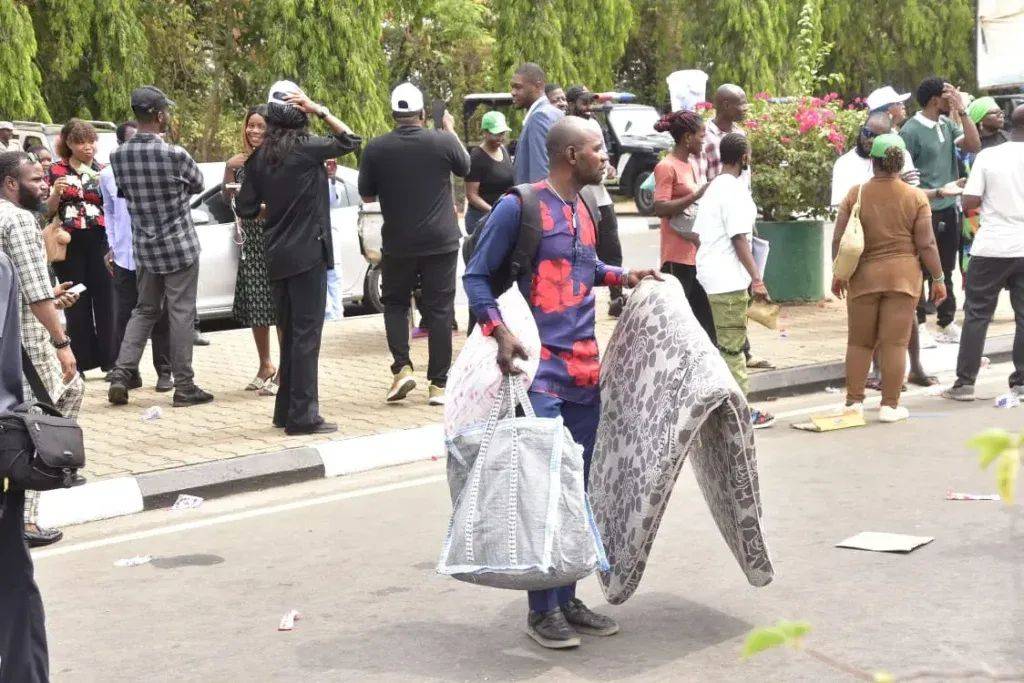 Protesters at the National Assembly in Abuja brought mattresses and pillows to stage a unique demons...