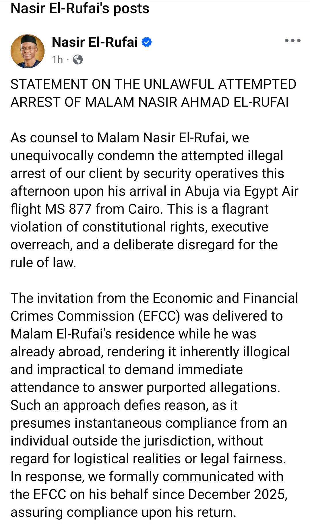 El-Rufai Issues Press Statement Following Attempted Arrest by FG Security Forces at the Airport
#El...