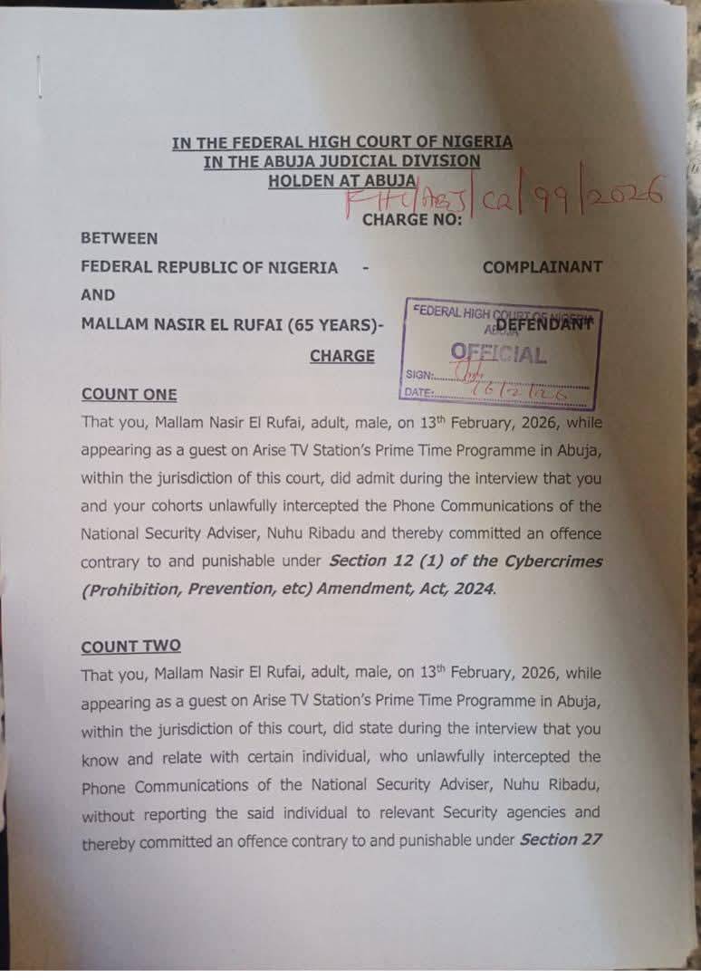 BREAKING: The Federal Government is set to arraign Nasir El-Rufai over allegations of illegally tapp...