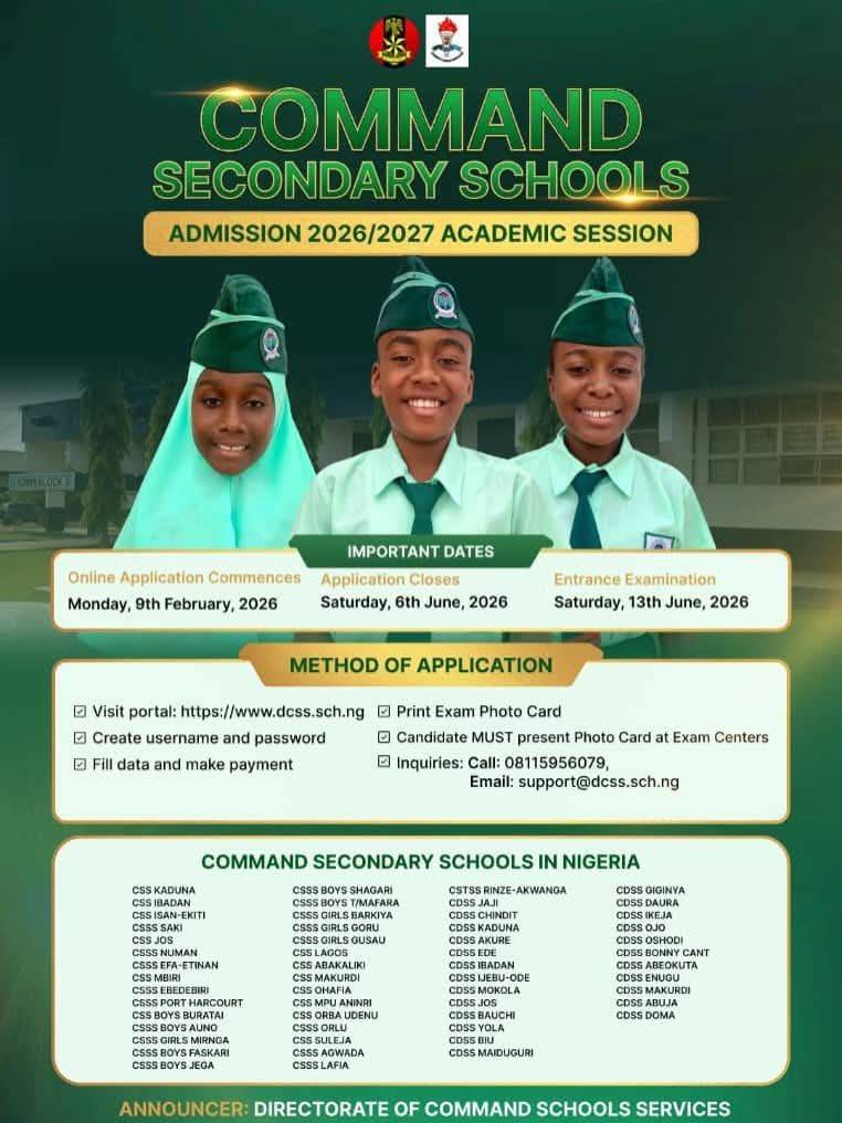 Application into Command Secondary Schools is now open. Check out the details and eligibility requir...