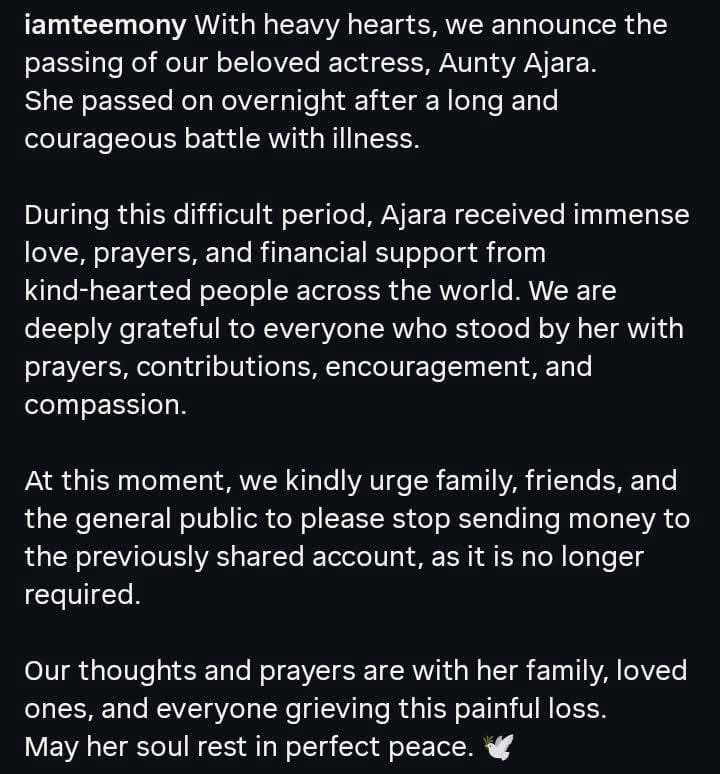 Nollywood actress and Content creator, Aunty Ajara has passed away after a prolonged illness.
The...
