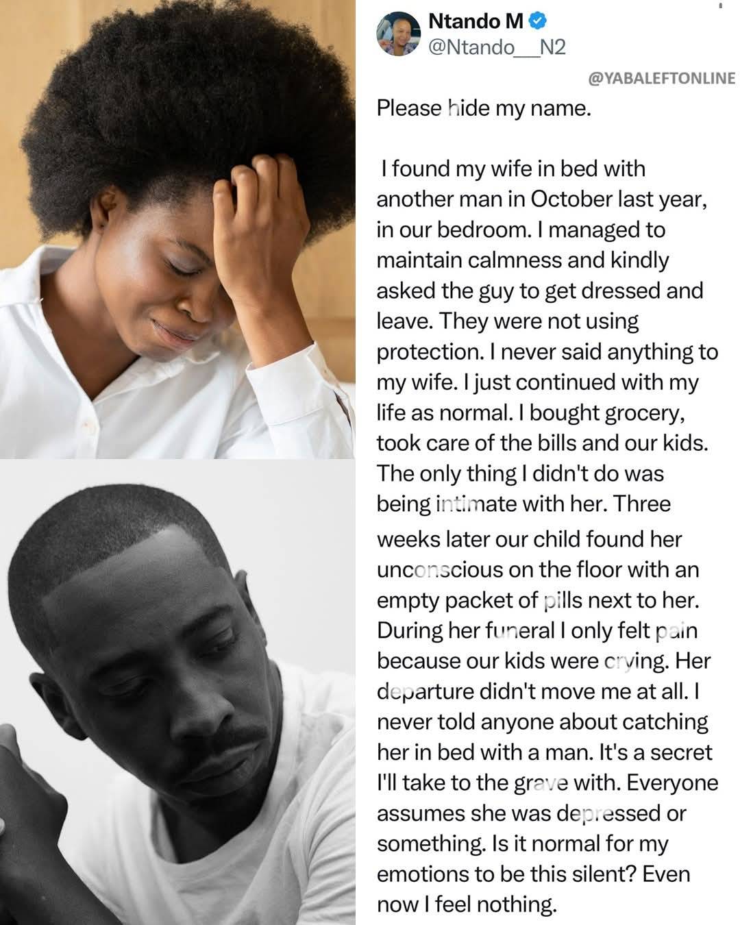 Man shares how he felt after his wife whom he caught ch3ating p@ssed on three weeks later
#LekeeLeke...