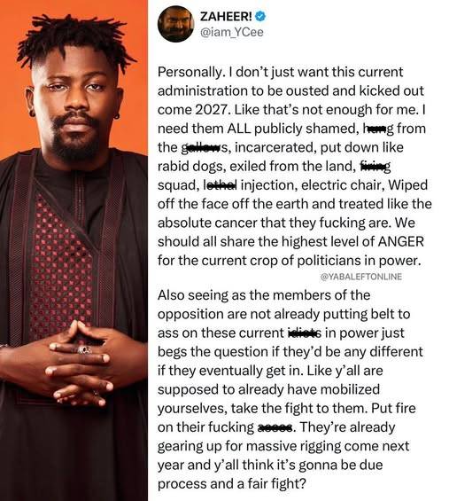"I need them ALL publicly shamed" - Rapper YCee blows hot at the current administration.
