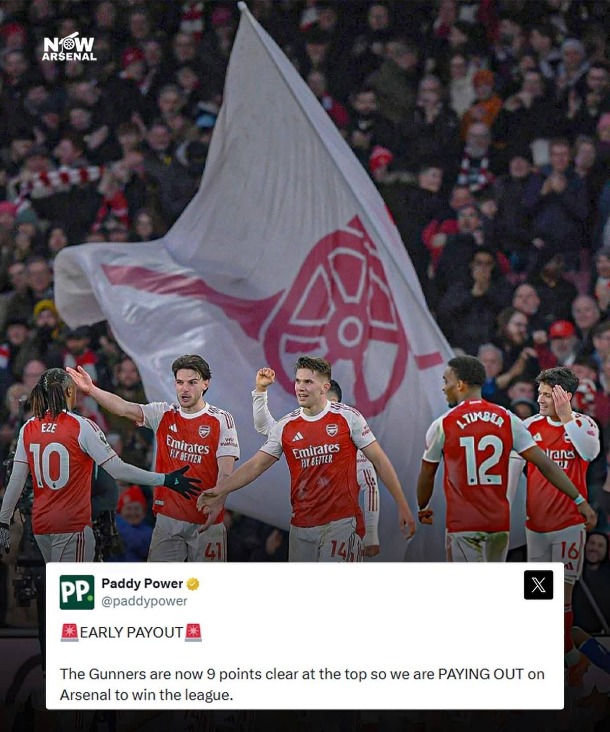 🚨Paddy Power have paid out all bets on Arsenal to win the Premier League this season.