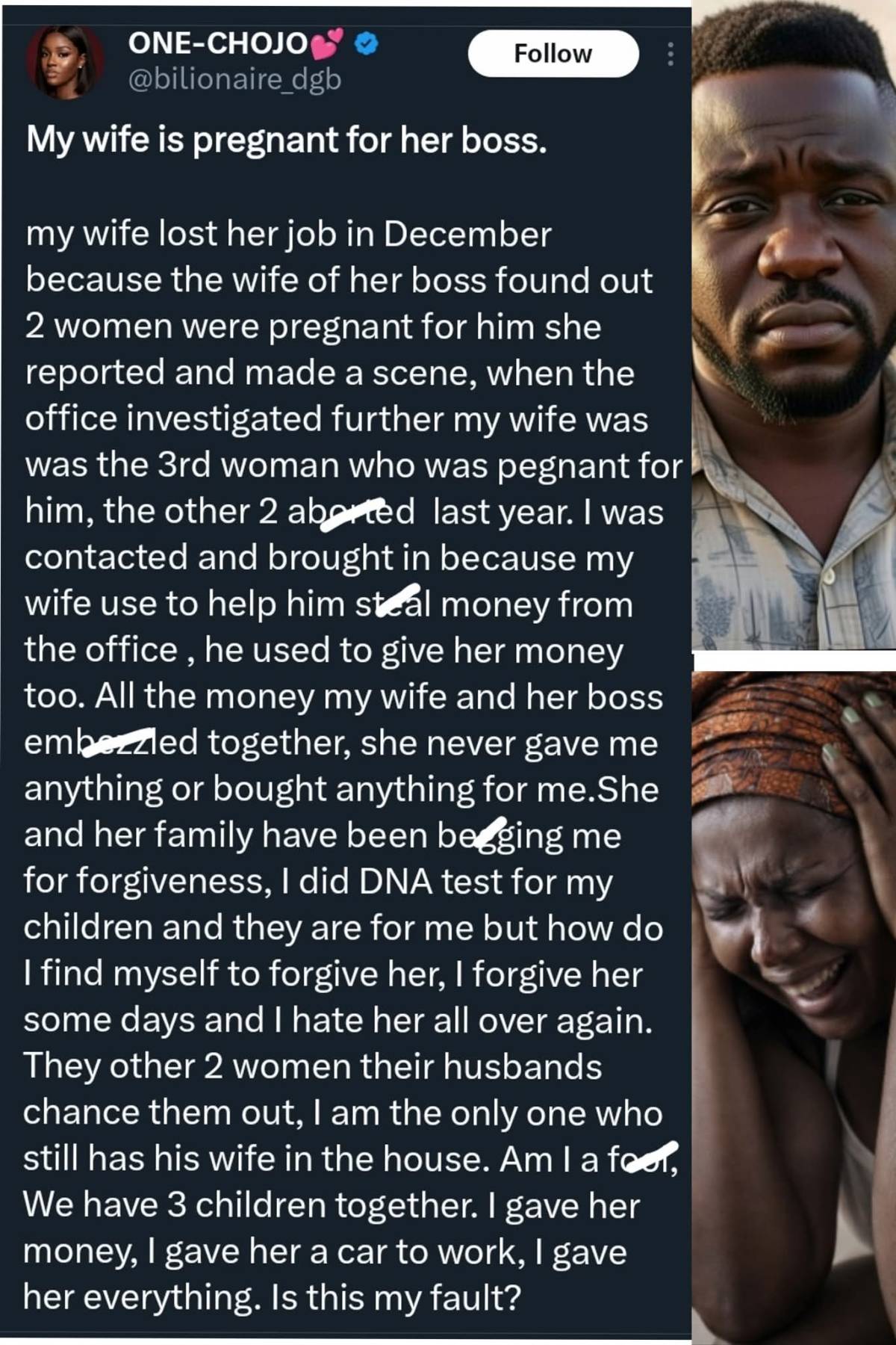 My wife is pregnant for her boss... Is this my fault? — H£@rtbr©ken man cr!es out