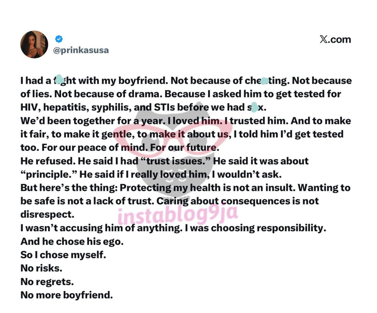 I dumped my boyfriend because he refused to get tested for HIV before we ‘work out’ — Media personal...