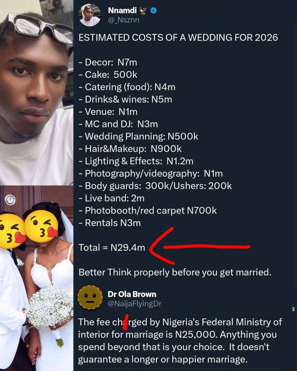 Man Lists ₦29.4m Estimated Cost of a 2026 Wedding and W@rns Netizens to Think Twice, Another Respond...