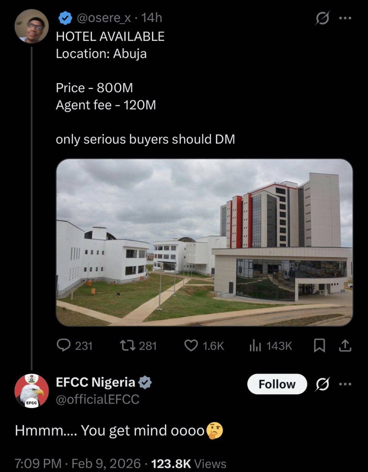 EFCC reacts after man lists their headquarters as a hotel for sale
๐๐